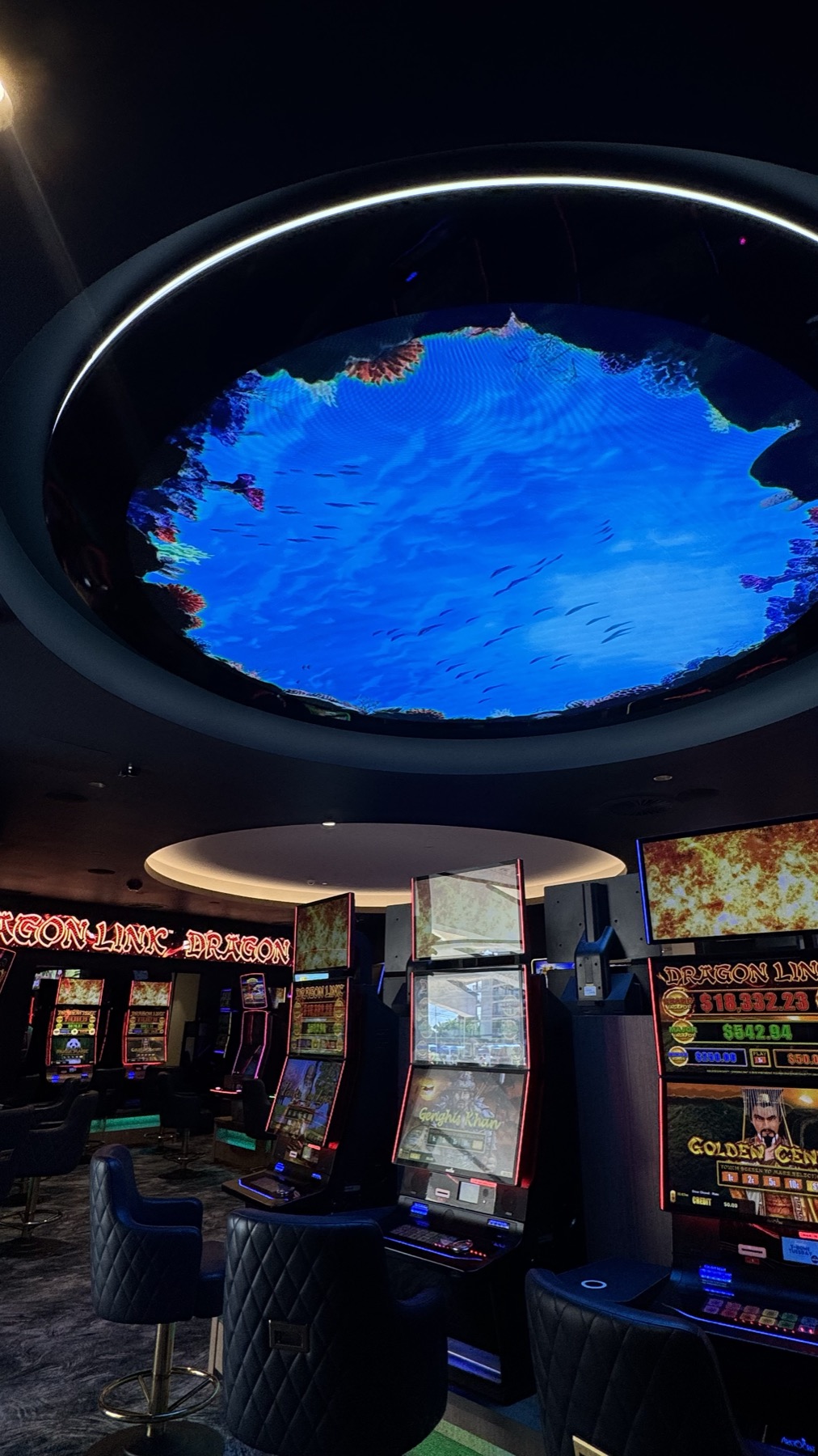 The round ceiling display from across the floor, deep blue water and coral at its rim, a lit ring around it